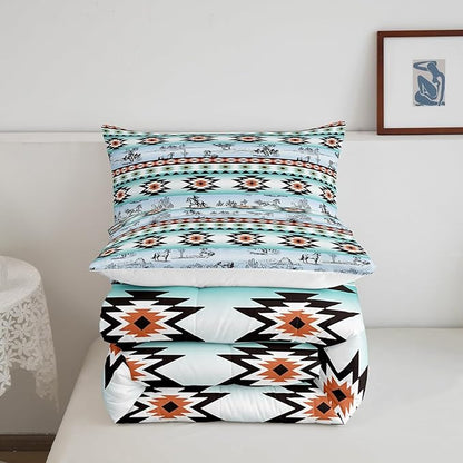 Feelyou Horse Comforter Set for Kids Boys Girls Southwestern Comforter Wild Western Cowboy Buffalo Check Bedding Set Full Size Bedroom Decor Vinatge Blue Green Duvet Set 3Pcs