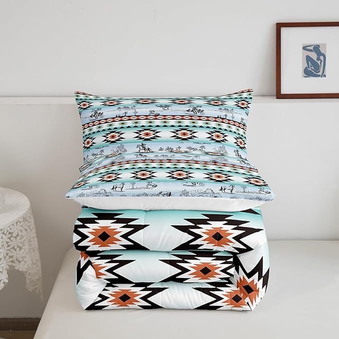 Feelyou Horse Comforter Set for Kids Boys Girls Southwestern Comforter Wild Western Cowboy Buffalo Check Bedding Set Queen Size Bedroom Decor Vinatge Blue Green Duvet Set 3Pcs