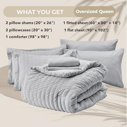 HYMOKEGE Light Grey Oversized Queen Comforter Set Seersucker 7 Pieces, All Season Luxury Bed in a Bag for Bedroom, Bedding Set with Comforter, Sheets, Pillowcases & Shams
