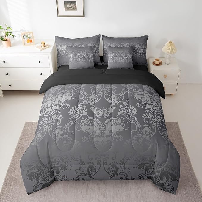 Erosebridal Gothic Damask Bed in a Bag King Size Comforter Set 7 Pieces,Butterfly Skull Bedding Sets Silver Gray Victorian Floral Goth Sheet Set with Comforter