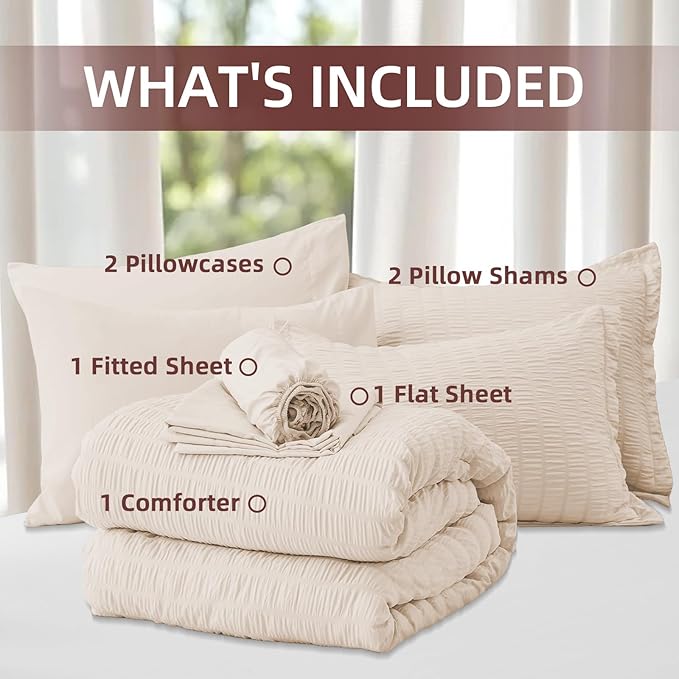 FUANNA King Size Comforter Set 7 Pieces, Luxury Seersucker Bed in a Bag King for All Seasons, Soft King Bedding Set with Comforter, Flat Sheet, Fitted Sheet, Pillowcases & Shams for Bedroom, Beige