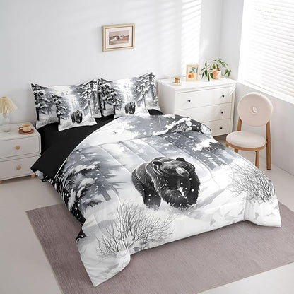 Erosebridal King Size Black Bear in Winter Bedding, 7Pcs Merry Christmas Comforter Set for Boys Girls Rustic Farm Animal Print Bed Sets Winter Snowflake Wild Black Bear Bedroom Comforter with Sheets
