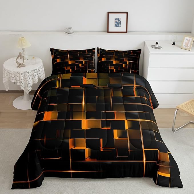 Erosebridal Geometric Ornage Black Twin Bedding Set,Light Honeycomb Comforter Set Decor Quilt for Kids Women Adult, Modern Abstract Duvet Insert Microfiber Lightweight All Season