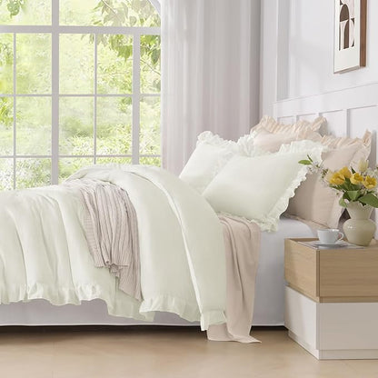 Andency Ivory King Size Comforter Set, 3 Pieces Solid Farmhouse Shabby Chic Bedding Comforters & Sets, All Season Western Rustic Soft Down Alternative Bed Set for Adult Men Women