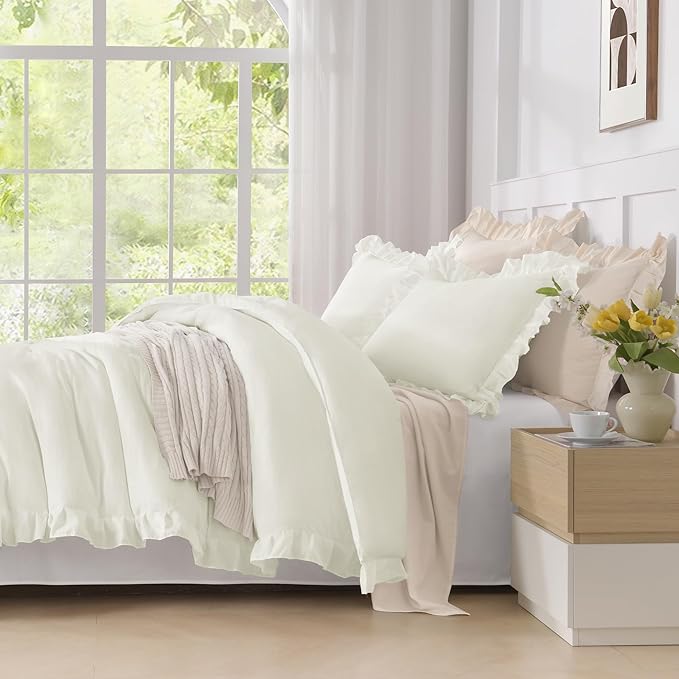 Andency Ivory Comforters Queen Size, 3 Pieces Solid Shabby Chic Farmhouse Bedding Comforters & Sets, Lightweight Fluffy All Season Soft Down Alternative Bed Set for Women Men