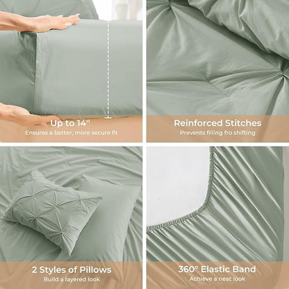 Sasttie Queen Comforter Set, 7-Piece Bed in a Bag, Pintuck Bedding Sets for All Season, Includes Comforter, Flat Sheet, Fitted Sheet, Pillowcases and Pillowshams, Sage Grey