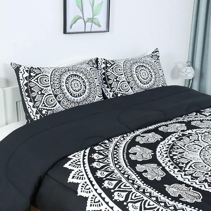 uxcell 3-Piece Bohemian Black Comforter Sets - 3D Printed Bohemia Themed - All-Season Down Quilted Duvet - Reversible Design - Includes 1 Comforter, 2 Pillow Cases Queen