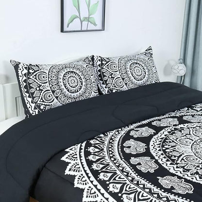 uxcell 3-Piece Bohemian Black Comforter Sets - 3D Printed Bohemia Themed - All-Season Down Quilted Duvet - Reversible Design - Includes 1 Comforter, 2 Pillow Cases Queen
