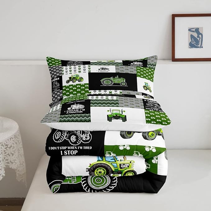 Feelyou Tractor Comforter Set Cartoon Farm Tractor Down Duvet for Kids Boys Girls Truck Car Bedding Set Harvester Excavator Comforter Green 1 Comforter Set with 2 Pillowcases Queen Size Boys