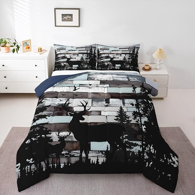 Feelyou Cute Deer Bedding Set Wild Animal Hunt Comforter Set for Kids Boys Girls Pine Trees Retro Comforter Hunting Theme Quilt Set Bedroom Collection 3Pcs King Size