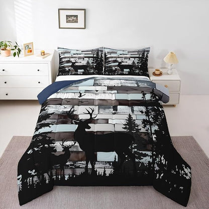 Feelyou Cute Deer Bedding Set Wild Animal Hunt Comforter Set for Kids Boys Girls Pine Trees Retro Comforter Hunting Theme Quilt Set Bedroom Collection 3Pcs King Size