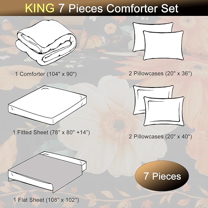 EVENHUG King Comforter Set 7 Pieces Lightweight Soft Queen Size Comforters for All Season Floral Bedding Sets Bed in a Bag with Flat Sheet and Fitted Sheet Pillowcases (104"x90")