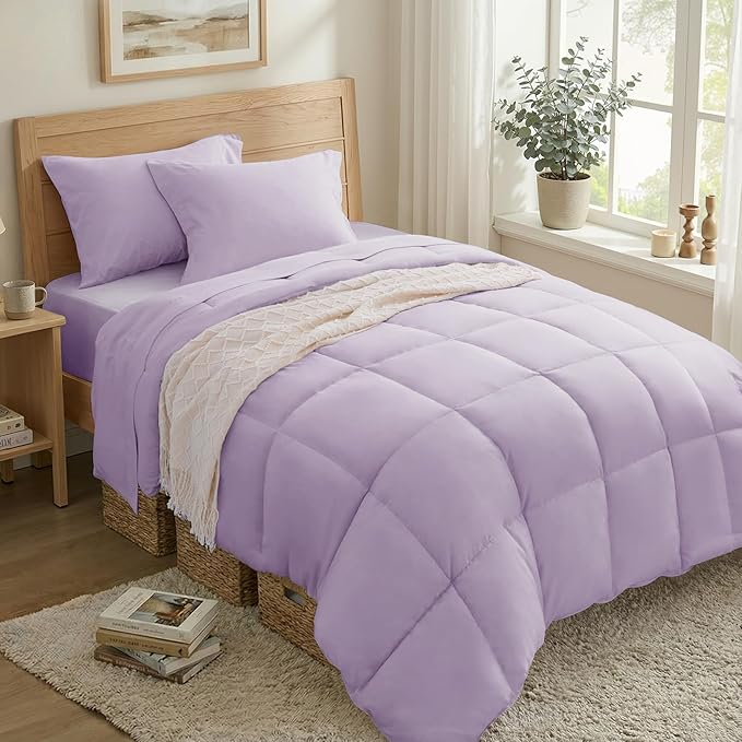 Anluoer Twin Comforter Set 5 Piece, Lavender Bed in a Bag with Sheets, Comforters Twin Size Bedding Sets with 1 Comforter, 1 Pillow Shams, 1 Pillowcases, 1 Flat Sheet,1 Fitted Sheet