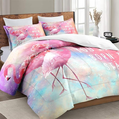 King Size Comforter Set with 2 Pillowcases, Pink Summer Flamingo Flower 3 Pcs Bedding for Kids and Adults, Rainbow Colorful Animal Soft Comforter Set for Bedroom Bed Decor