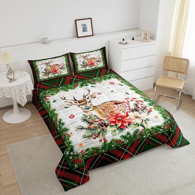 Castle Fairy Merry Christmas 3 Pcs King Size Comforter Set,Red Green Geometric Grid Down Alternative Adults Bedroom Decor,Xmas Deer Elk Farmhouse Ultra Soft Microfiber Inner Fill 3Pcs Bedding