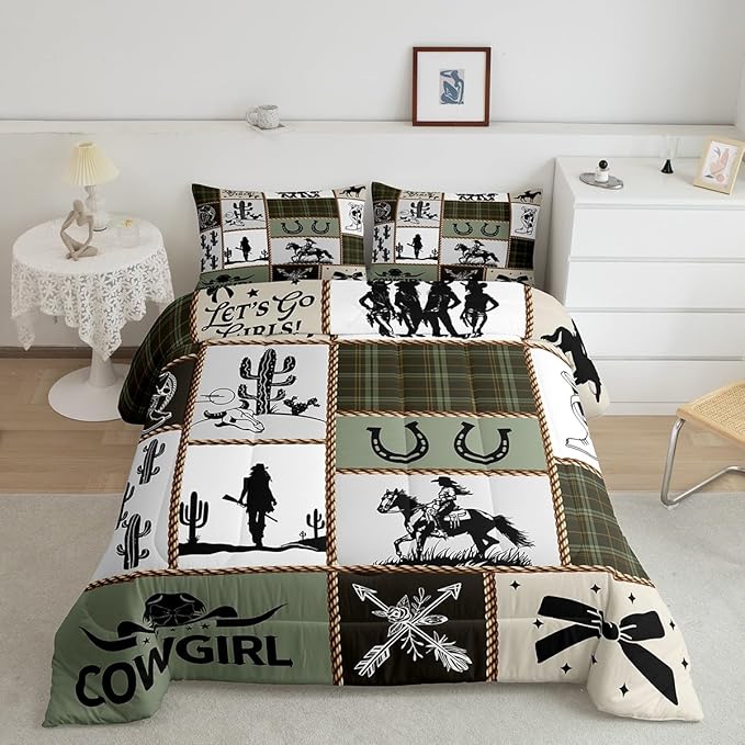 Western Cowgirl Comforter Set King Size,Cactus Horseshoe Cow Skull Rustic Farmhouse Bedding Set,Girls Women Room Decor,Bow Arrow Patchwork Down Comforter,Camo Country Duvet Insert,2 Pillowcases