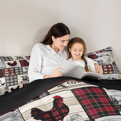 Rustic Farm Animal Comforter Set Retro Buffalo Plaid Farmhouse Cabin Bedding Sets Queen Country Sheep Chicken Cow Print Comforter For Lodge,Patchwork Grid Windmill Quilt Set Red Black Grey 3 Pcs
