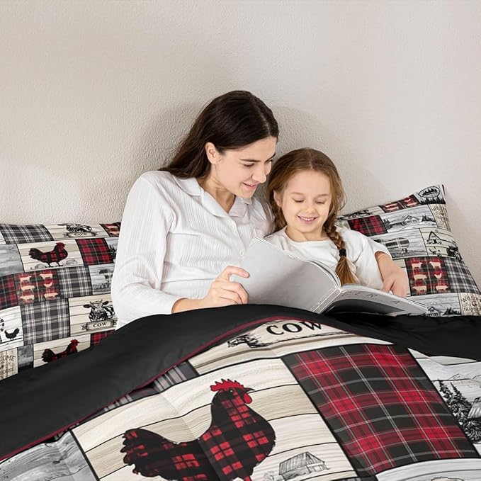 Rustic Farm Animal Comforter Set Retro Buffalo Plaid Farmhouse Cabin Bedding Sets Twin Country Sheep Chicken Cow Print Comforter For Lodge,Patchwork Grid Windmill Quilt Set Red Black Grey 2 Pcs