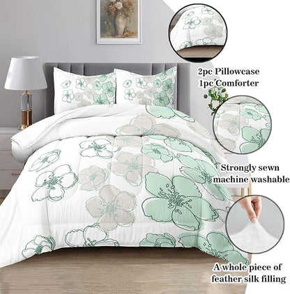 Raphus cucullatus Floral Comforter Set Queen Size,Green Flower Bedding Set,Botanical Bedding Pretty Floral Comforter Set,Flower Quilt Queen Size