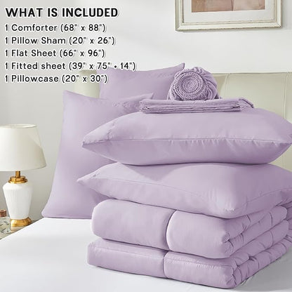 Anluoer Twin Comforter Set 5 Piece, Lavender Bed in a Bag with Sheets, Comforters Twin Size Bedding Sets with 1 Comforter, 1 Pillow Shams, 1 Pillowcases, 1 Flat Sheet,1 Fitted Sheet