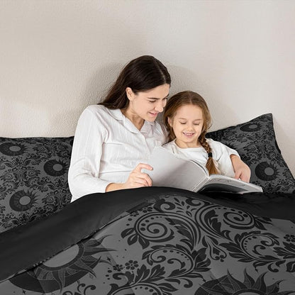 Feelyou Adults Gothic Comforter Set King Size Dark Olive Green Damask Bedding Set for Kids Boys Girls Sun and Moon Duvet Quilt Bedroom Decor Microfiber 3 Pcs with 2 Pillow Cases
