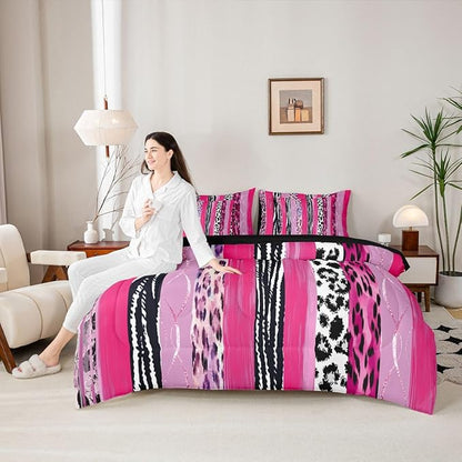 Erosebridal Leopard Print Stripe White Pink Girls Comforter Set Queen Size 7 Pieces | Cheetah Fur Geometric Bed in A Bag Animal Skin Pattern Bed Set Adults Women Men Bedding