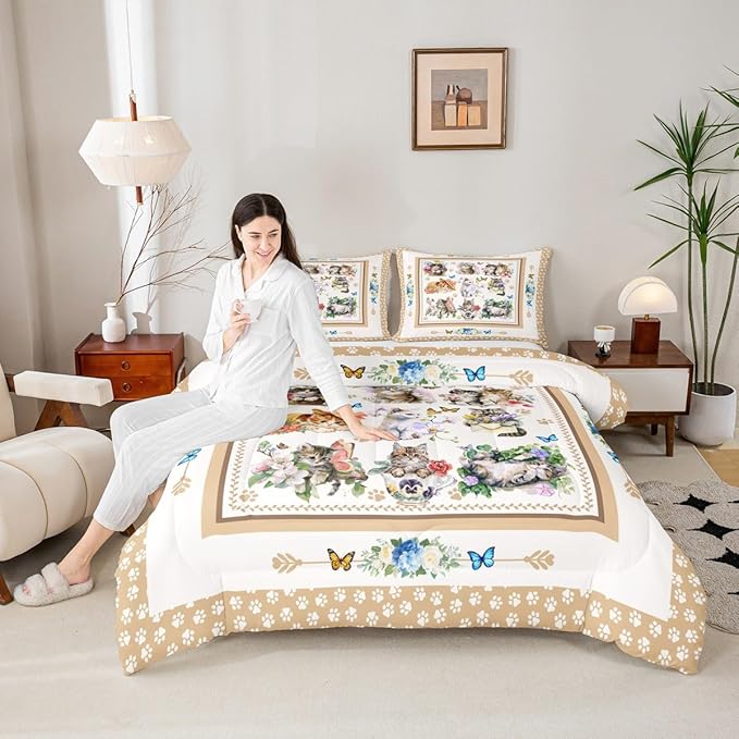 Cute Cats Kids Comforter Set Queen Size,Cartoon Animal Paws Print Toddler Bedding Set,Girls Boys Adults Room Decor,Butterfly Flowers Romantic Down Comforter,Bright Lovely Duvet Insert,2 Pillowcases