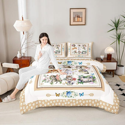 Cute Cats Kids Comforter Set King Size,Cartoon Animal Paws Print Toddler Bedding Set,Girls Boys Adults Room Decor,Butterfly Flowers Romantic Down Comforter,Bright Lovely Duvet Insert,2 Pillowcases