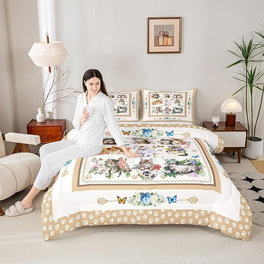 Cute Cats Kids Comforter Set King Size,Cartoon Animal Paws Print Toddler Bedding Set,Girls Boys Adults Room Decor,Butterfly Flowers Romantic Down Comforter,Bright Lovely Duvet Insert,2 Pillowcases