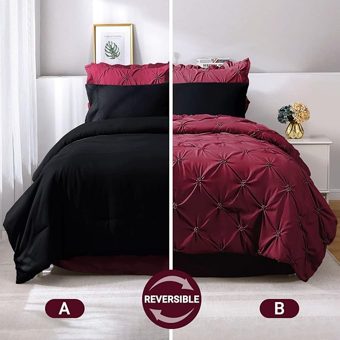 JOLLYVOGUE Burgundy Twin Size Comforter Sets 5 Pieces, Pintuck Bed in a Bag Comforter Set for Bedroom, Bedding Comforter Sets with Comforter, Sheets,Ruffled Shams & Pillowcases
