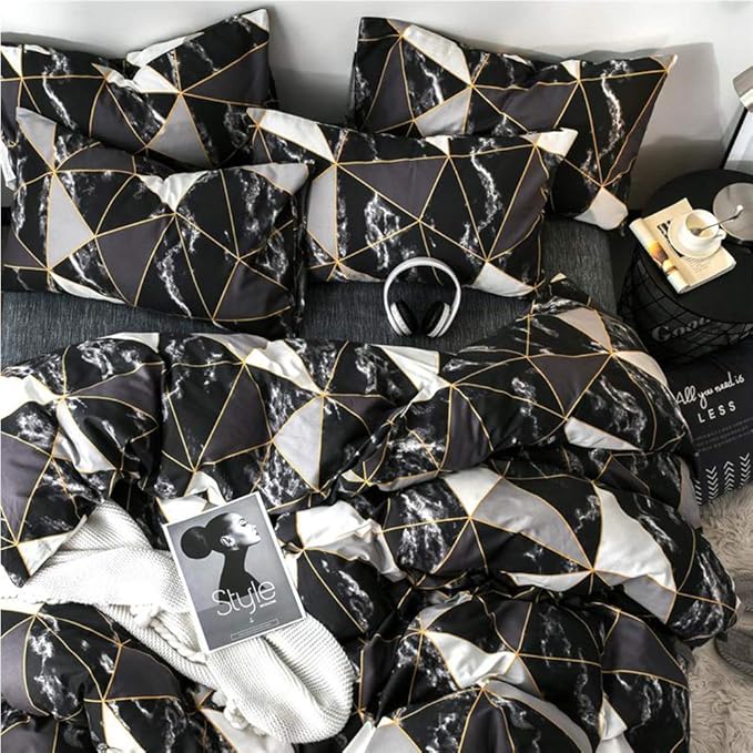 CLOTHKNOW Black White Marble Twin/Twin XL Comforter Set Geometric Triangle Bedding Comforter Sets Black White Comforter with 2 x Pillowcases