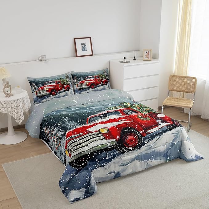 Red Christmas Truck Comforter Set King Size,Winter Snow View Bedding Set 3pcs for Kids Boys Girls Adults Room Decor,Happy New Year Themed Quilt Set Xmas Pine Duvet Insert,2 Pillowcases