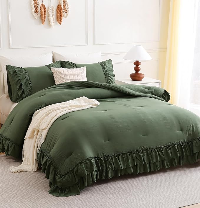 Herside Olive Green Ruffle Comforter Set King Size,Shabby Chic Boho Bedding Sets, Soft Fluffy Comforters Sets for All Season,Vintage Ruffled 3 Pcs Microfiber Lightweight Quilt Set for Women Girls