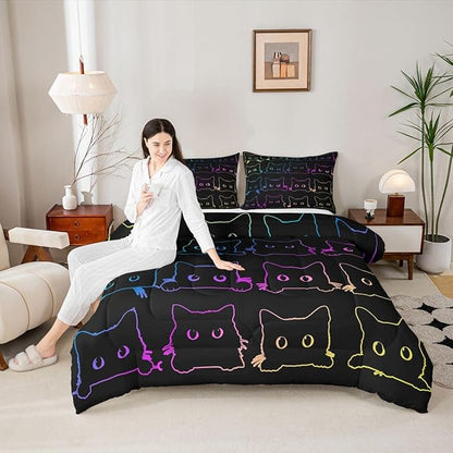 Erosebridal Cute Cats Bedding Set Queen Kawaii Cat Pet Comforter Colorful Neon Ombre Animal Line Down Lovely Lovers Room Decor Lightweight Duvet For Teens Children Boy Girl,Multi 362