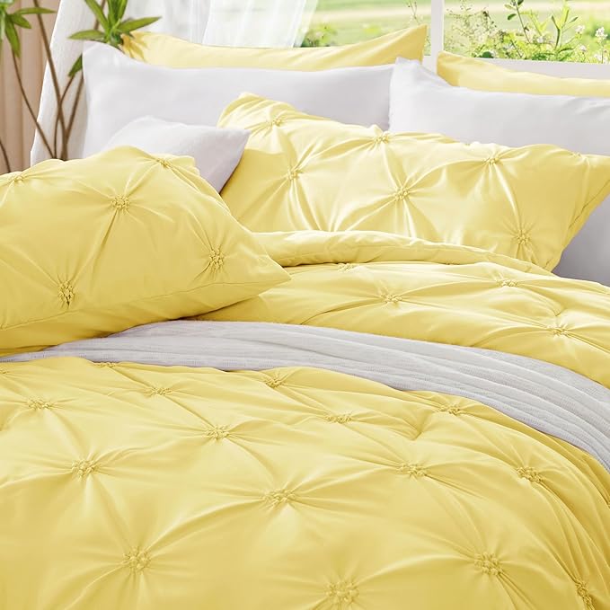 BEDELITE Light Yellow King Size Comforter Set - 3 Pieces Boho Pintuck Bedding Comforter Sets, Lightweight Soft & Warm King Bedding Set with 2 Pillowcases for All Season