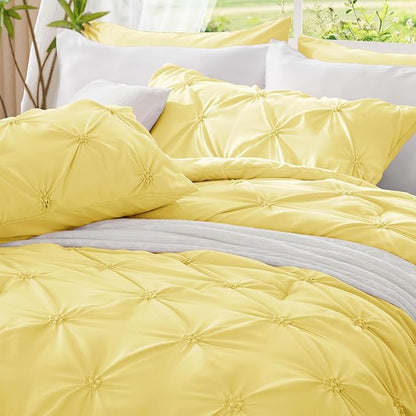 BEDELITE Light Yellow King Size Comforter Set - 3 Pieces Boho Pintuck Bedding Comforter Sets, Lightweight Soft & Warm King Bedding Set with 2 Pillowcases for All Season