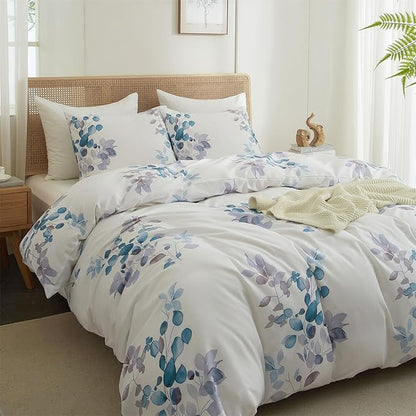 mixinni Floral White Comforter Set Full Size, Farmhouse Bedding Sets Soft Fluffy Fresh Blue/Purple Leaves Comforter for All Season, 3 Pieces Cute Floral Bedding Comforter Set for Women