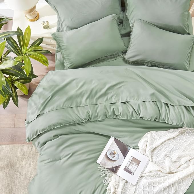 Andency Oversized King Comforter Set with Sheets 128x120 Sage Green - 7 Pieces Bed in a Bag Boho Soft Lightweight Bedding Sets, Tassel Bed Set with Comforter, Sheets, Pillowcases & Shams