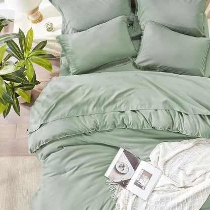 Andency Oversized King Comforter Set with Sheets 128x120 Sage Green - 7 Pieces Bed in a Bag Boho Soft Lightweight Bedding Sets, Tassel Bed Set with Comforter, Sheets, Pillowcases & Shams