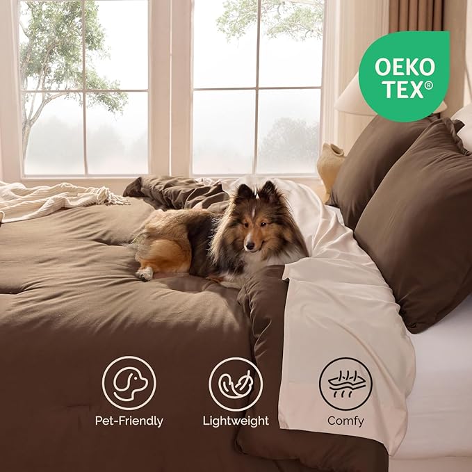 Andency Dark Brown Queen Size Comforter Set, 3 Pieces Boho Solid Bedding Comforters & Sets, Modern Reversible Soft Lightweight All Season Bed Set for Men Women (90x90Inch Comforter & 2 Pillowcases)