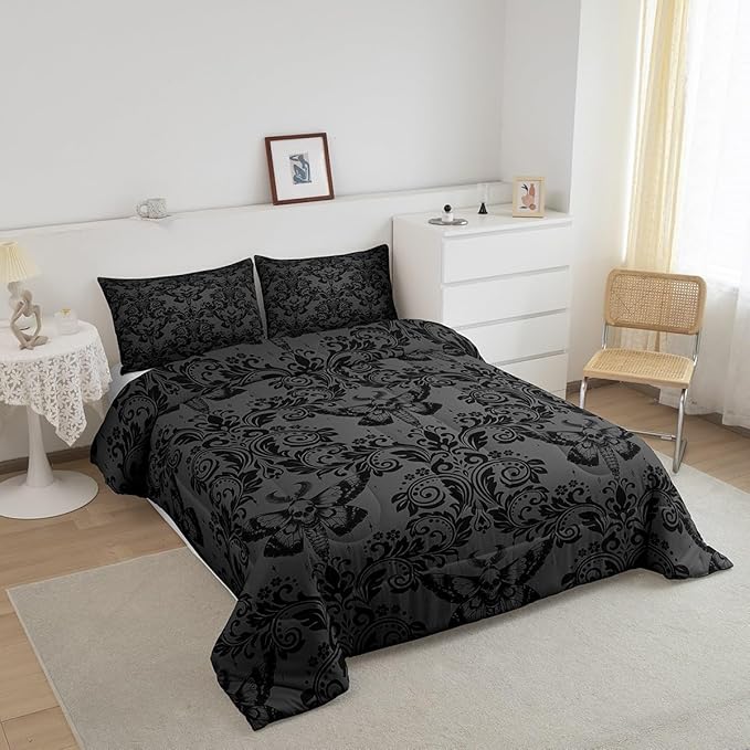 Feelyou Adults Gothic Comforter Set Queen Size Dark Olive Green Damask Comforter Death Moth Bohemia Boho Bedding Set Goth Skull Duvet Set Vintage Victorian Baroque Floral Quilt Set 3Pcs