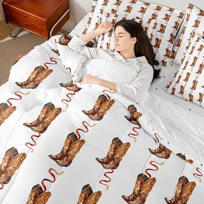 Erosebridal Western Cowboy Bed in A Bag Twin | Retro Cowboy Boots Bohe 7 Piece Comforter Set Hippie Pastoral Sheet Set Reversible Vintage Abstract Hippy Fitted Sheet Breathable Lightweight
