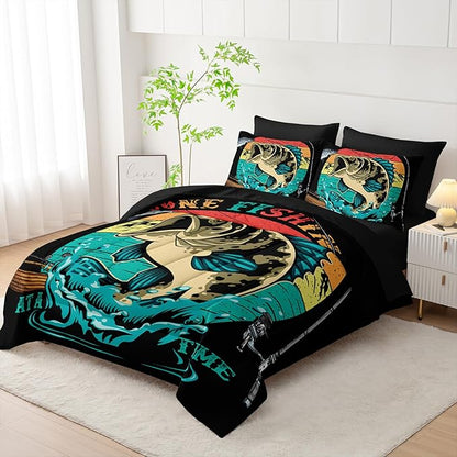 Big Pike Fish Comforter Set Twin Size 7 PCS,Bass Fishing Comforter Set for Boys Girls Children Fishing and Hunting Room Decor,Microfiber Lightweight All Season