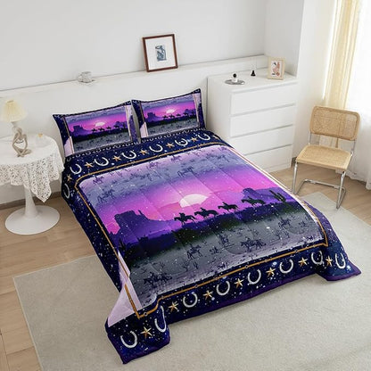 Feelyou Purple Western Decor Comforter Queen Size Wild Western Cowboy Comforter Set for Boys Girls Children Horse Setting Sun Glitter Bedding Set Room Decor Horseshoes West Texas Star Duvet Set 3Pcs