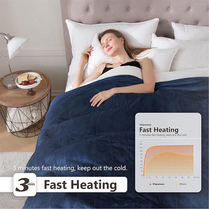 Wapaneus Heated Blanket Electric Blanket 62" x 84" Twin Size with 10 Heating Levels and 12 Hours time Settings, Flannel Fast-Heating Electric Blanket, ETL Listed, Machine Washable,Dark Blue