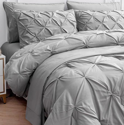 LANE LINEN California King Bedding Set – 7 Piece Hotel Style Pintuck Bed in a Bag - Down Alternative with Comforter, Sheets, Pillowcases & Shams – All Season Soft & Durable Cal King Bed Set – Silver | Durable microfiber, Extended coverage, Daily comfor...