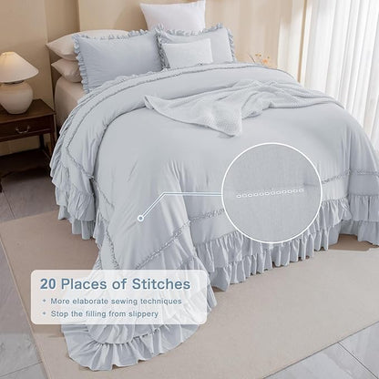 Masaca Oversized King Comforter 128x120,3 Pieces Vintage Farmhouse Ruffled Bedding Comforter Set Lightweight Ultra Soft French Country Bedding (1 Light Blue Ruffle Comforter +2 Pillowcases)