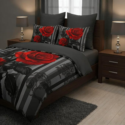 Red Rose Comforter Set Twin Size for Girls, Black Floral Bedding Set for Vintage Country Bedroom Decor - 2Piece Soft Fluffy Microfiber Quilted Set with 1 Pillowcase, 68"x86"