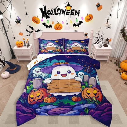 Erosebridal Kids Halloween Bedding Set King, Cute Ghost Comforter Set Spooky Halloween Decor Comforter for Boys Girls Teens Youth Adults Bedroom, Pumpkin Lantern Cartoon Graveyard Gothic Quilt