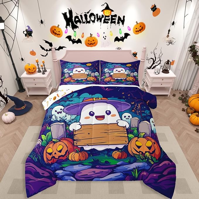 Erosebridal Kids Halloween Bedding Set Toddler, Cute Ghost Comforter Set Spooky Halloween Decor Comforter for Boys Girls Teens Youth Adults Bedroom, Pumpkin Lantern Cartoon Graveyard Gothic Quilt